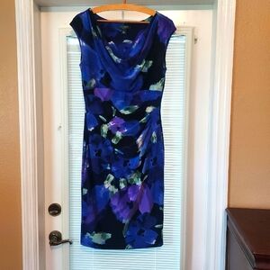Lauren Ralph Lauren Lined Elegant Floral Dress in Blue, Black, Green and Purple.